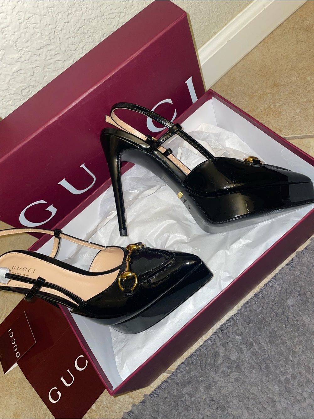 Gucci Black Patent Leather Horsebit Slingback Pumps GG size 7 high heels - Picture 4 of 14